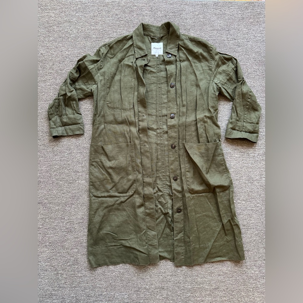Madewell Long Jacket / Duster in Olive Green, Size Medium